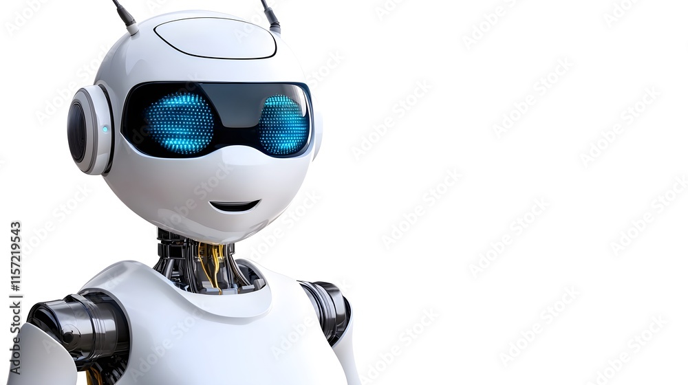 Friendly humanoid robot with glowing blue eyes against white background Friendly humanoid robot with glowing blue eyes against white background