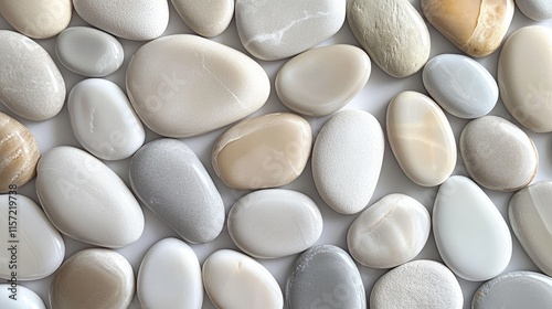 A background of evenly spread sea pebbles in shades of gray, beige, and white, with a soft focus effect.