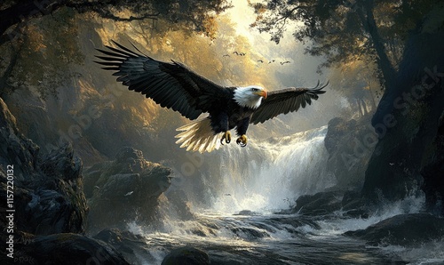 Fototapeta Naklejka Na Ścianę i Meble -  A large eagle is flying over a waterfall