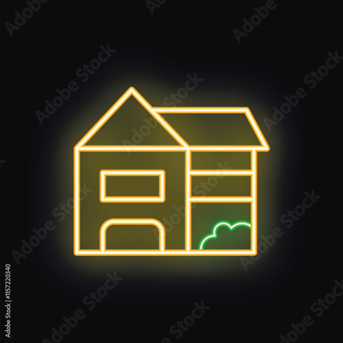 Glowing neon icon representing a suburban house with a garage, evoking concepts of homeownership and real estate