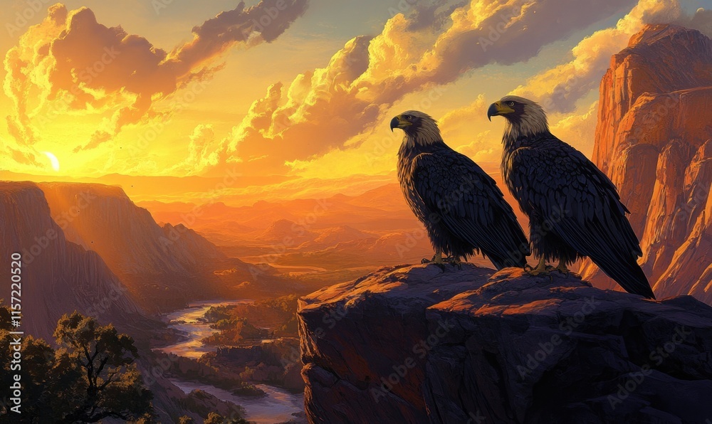 Fototapeta premium Two eagles are perched on a rock in front of a sunset