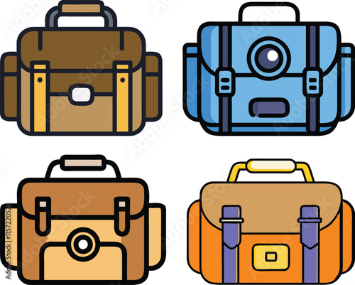 Colorful Camera Bags Icon Set, Vector illustration of four colorful camera bag icons, showcasing stylish designs for photography gear storage and portability.
