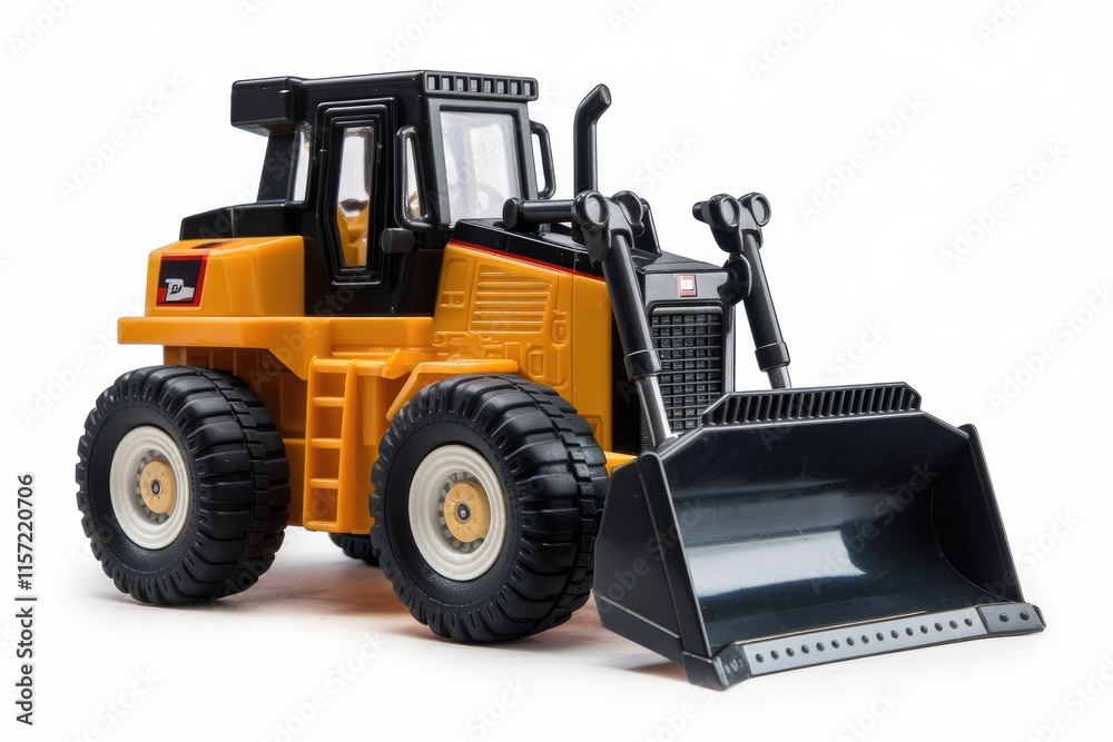 A yellow and black toy bulldozer with a large bucket, perfect for imaginative play. A yellow and black toy bulldozer with a large bucket, perfect for imaginative play.
