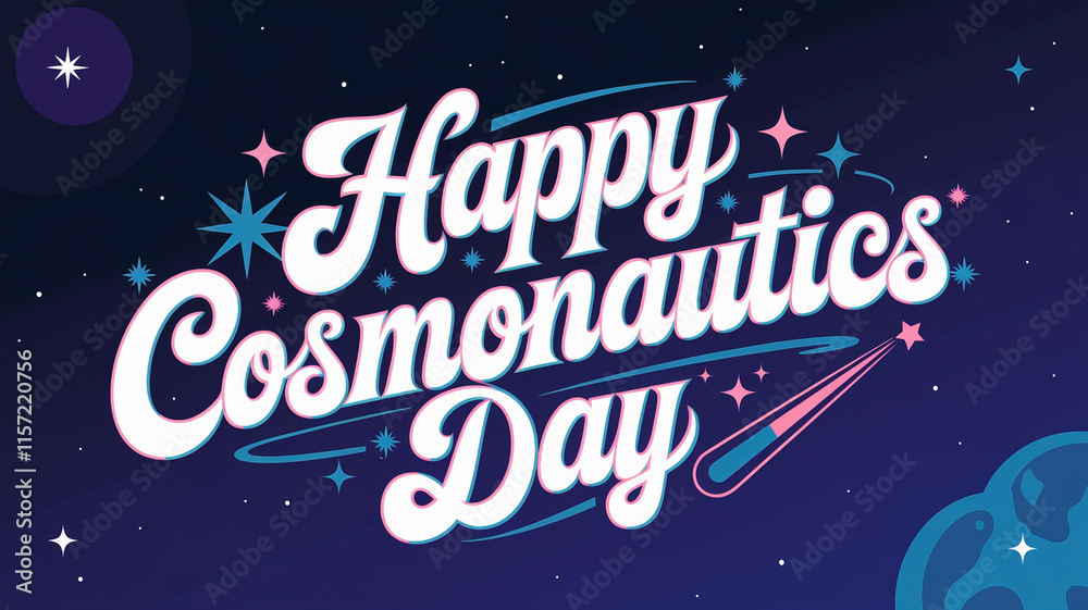 Happy Cosmonautics Day text design on cosmic background. Celebration. Card, poster, banner, flyer. Top view. Space for text. Happy Cosmonautics Day text design on cosmic background. Celebration. Card, poster, banner, flyer. Top view. Space for text.