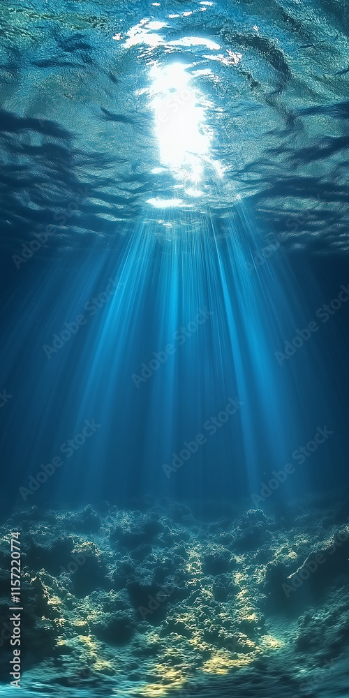 Obraz premium Underwater view of the ocean floor with sunlight beams penetrating the water surface, creating a serene and ethereal ambiance. Aquatic landscape with a wide-angle perspective.