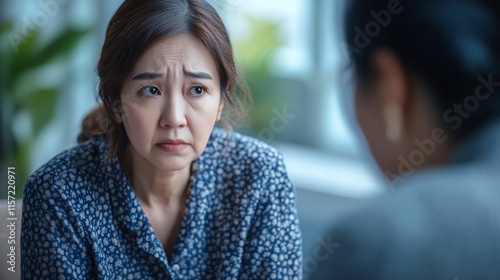 A concerned Asian woman in her 30s listens intently during a serious conversation in a bright, modern office. photo