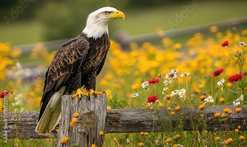 A bald eagle is perched on a wooden post in a field of flowers photo