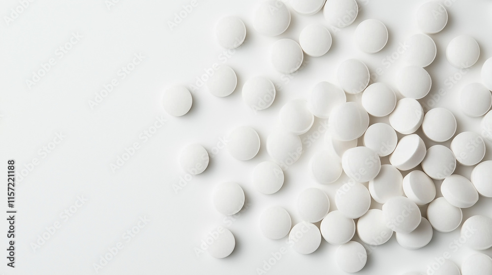 A pile of white round medicine tablets on a neutral white background. A pile of white round medicine tablets on a neutral white background.