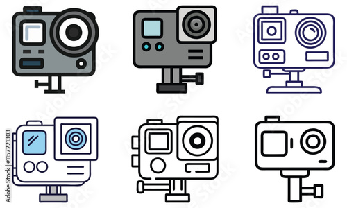 Action Camera Icon Set in Color and Line Art, Vector set of six action camera icons in color and line art styles, featuring advanced designs for video recording, photography, and outdoor activities.
