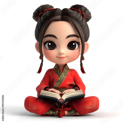 Cute Asian girl in traditional red dress reading a book with joy