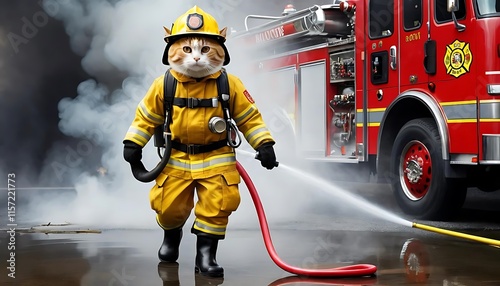 heroic digital illustration of a cat dressed as a firefighter