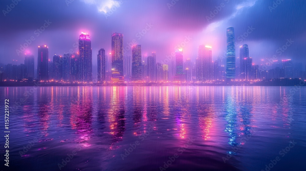 Fototapeta premium City skyline at twilight reflected in calm water.