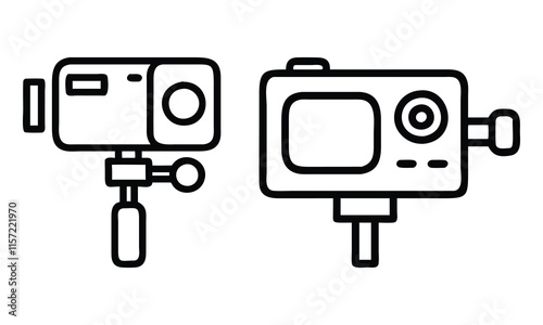 Minimal Action Camera Line Icons, Vector illustration of two action camera icons in a clean line art style, showcasing compact designs for video recording and photography.
