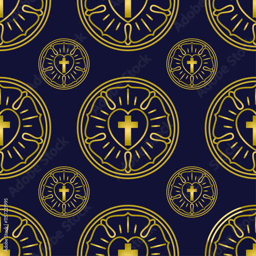 Pattern of stylized Luther roses on a dark blue background. Seamless vector Pattern for backgrounds, cards and printed matter