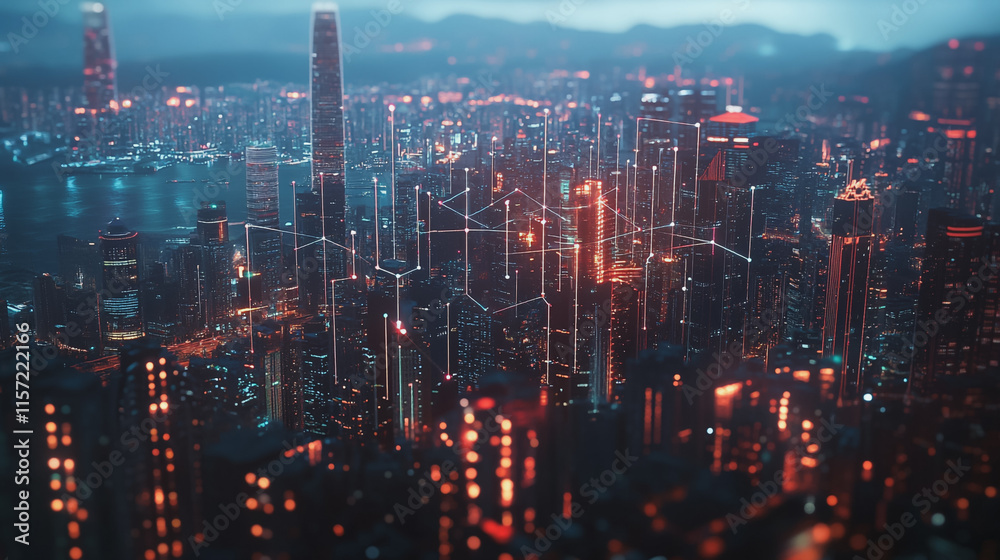 Fototapeta premium Smart digital Innovation city with connection network reciprocity over the cityscape. of future smart wireless digital city and social media networking systems that connects people with in city