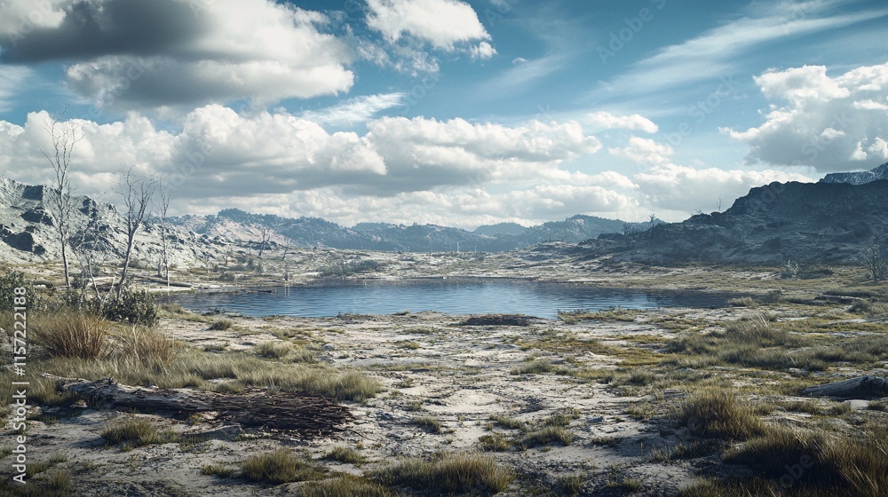 Obraz premium A tranquil lake surrounded by rocky terrain and sparse vegetation under a blue sky with fluffy clouds.
