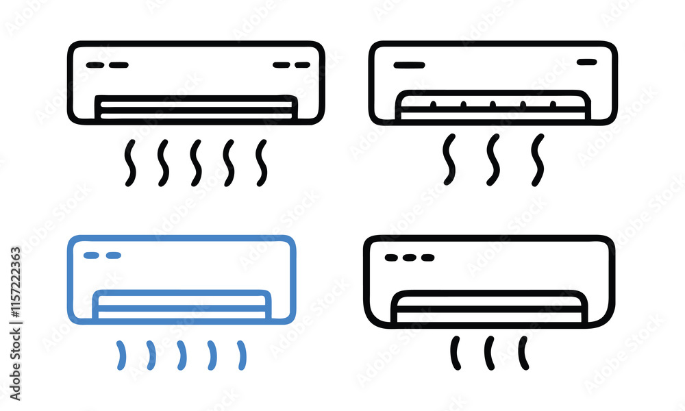 Air Conditioner Icon Set with Ventilation, Vector illustration of air conditioner icons in line art style, showing cooling and heating modes with airflow symbols for temperature control.
Air Conditioner Icon Set with Ventilation, Vector illustration of air conditioner icons in line art style, showing cooling and heating modes with airflow symbols for temperature control.