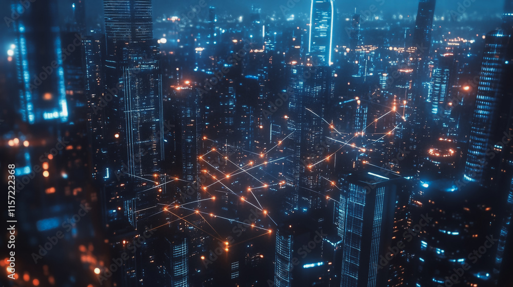 Smart digital Innovation city with connection network reciprocity over the cityscape. of future smart wireless digital city and social media networking systems that connects people with in city Smart digital Innovation city with connection network reciprocity over the cityscape. of future smart wireless digital city and social media networking systems that connects people with in city