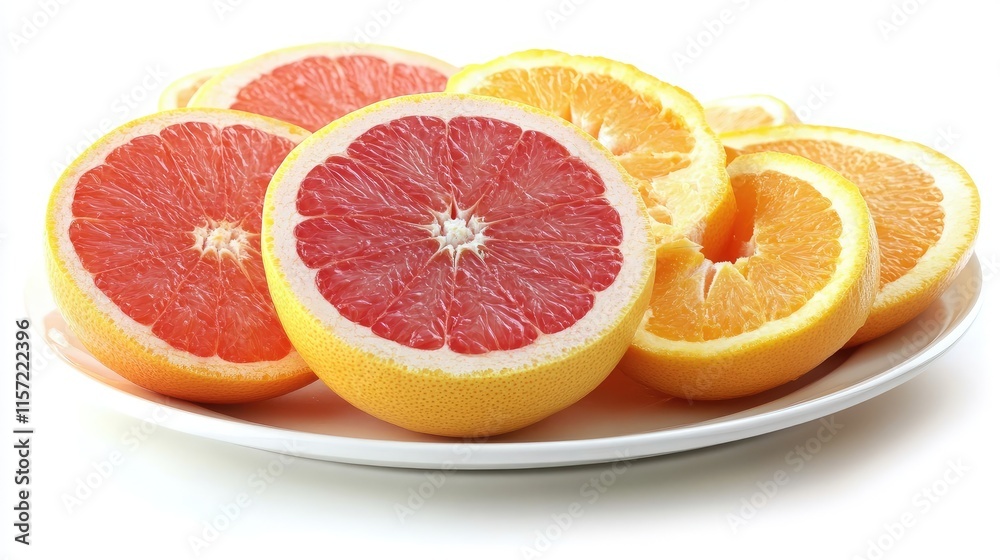 Fresh Citrus Fruits on White Plate Including Grapefruit and Orange Fresh Citrus Fruits on White Plate Including Grapefruit and Orange