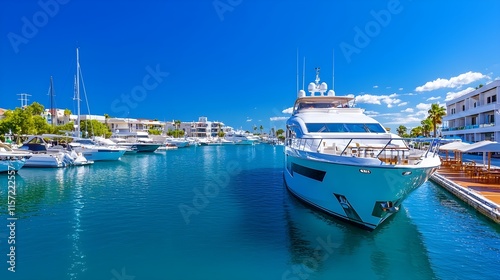 Luxury yacht docking in a serene marina under a bright blue sky photo