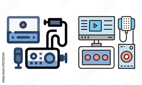 Home Media and Recording Equipment Icons, Vector illustration of home media and recording equipment icons, featuring screens, microphones, remotes, and playback devices in a modern style.
