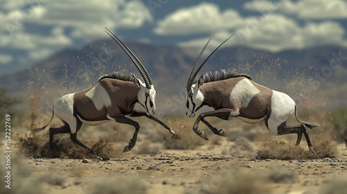 Two majestic oryxes engage in a spirited chase across the desert landscape.