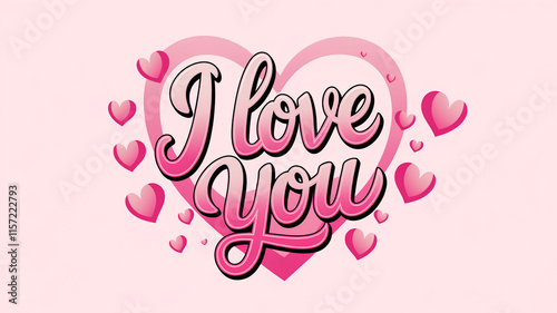 I love you text with heart shapes on pink background. Love and romance concept. For card design, print, textile, interior. Top view, copy space.