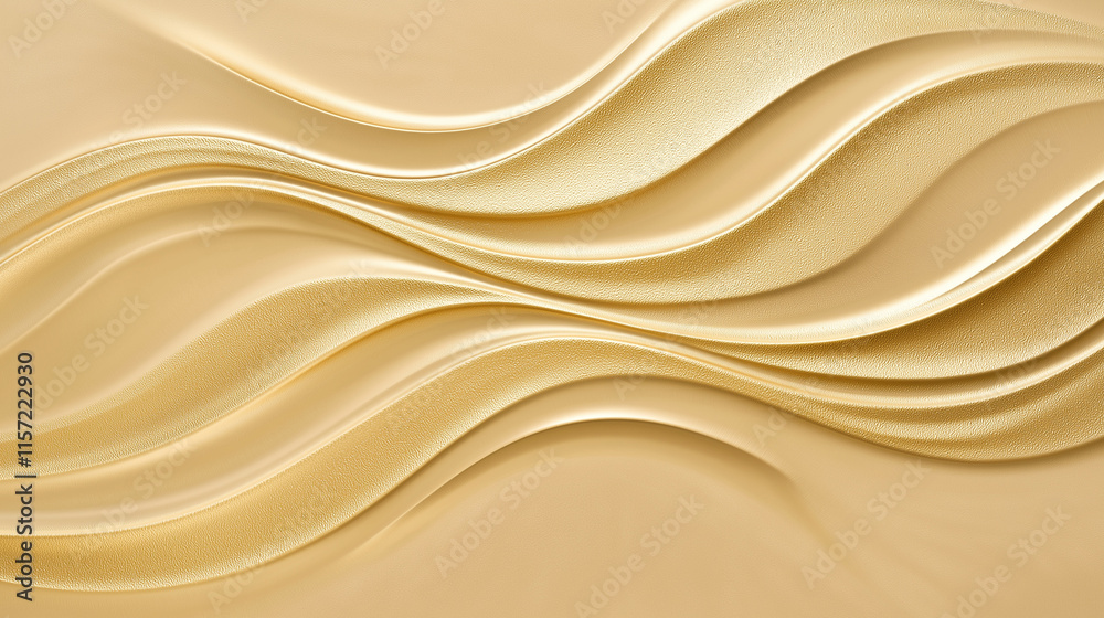 Obraz premium Elegante 3D-Goldwellen in dynamischer Bewegung auf Hintergrund. Fließende, abstrakte Formen erzeugen luxuriöse Tiefenwirkung. Premium Design