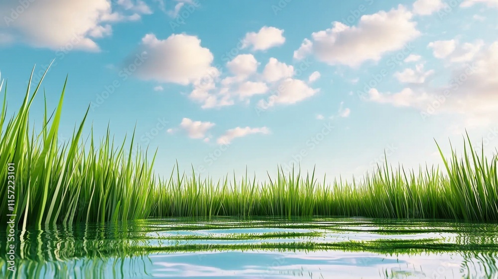 Obraz premium Idyllic Lakeside Landscape with Lush Green Grass and Serene Cloudy Sky Reflection