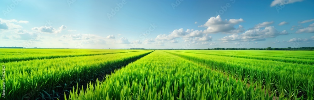 Fototapeta premium Vast green field of crops stretches under partly cloudy sky. Rows of vibrant green plants form beautiful pattern. Natural, healthy agriculture. Summer autumn scenery in rural area. Perfect for