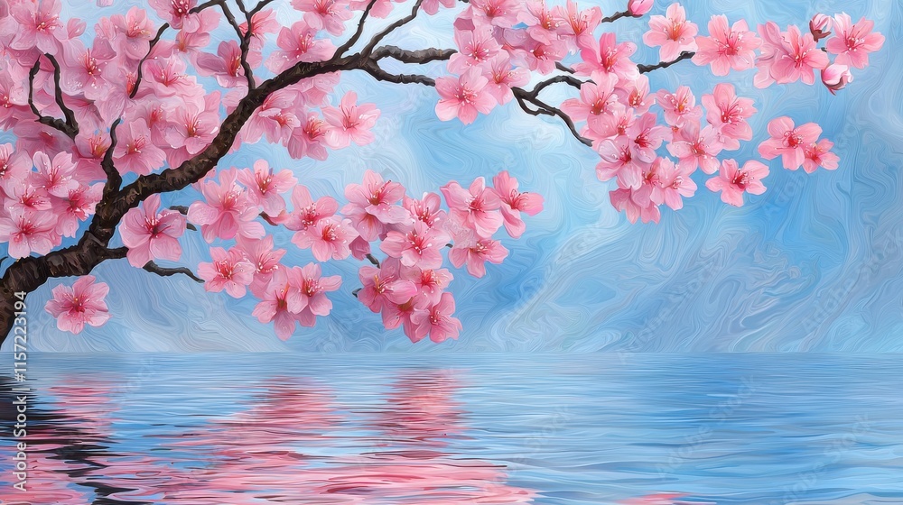 Fototapeta premium Stunning Pink Cherry Blossoms Reflected in Serene Lake with Peaceful Springtime Scenery