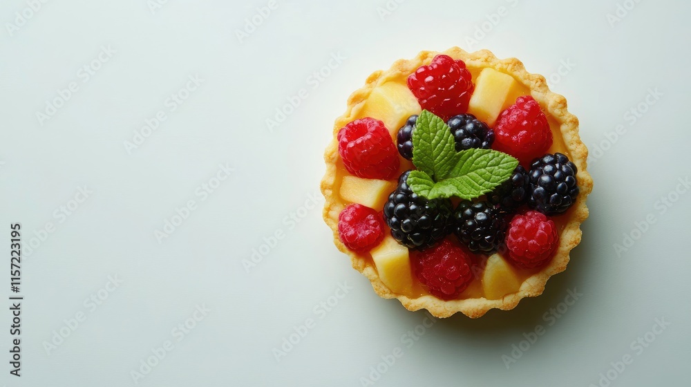 Delicious Fruit Tart with Fresh Berries and Mint Leaf Decoration Delicious Fruit Tart with Fresh Berries and Mint Leaf Decoration