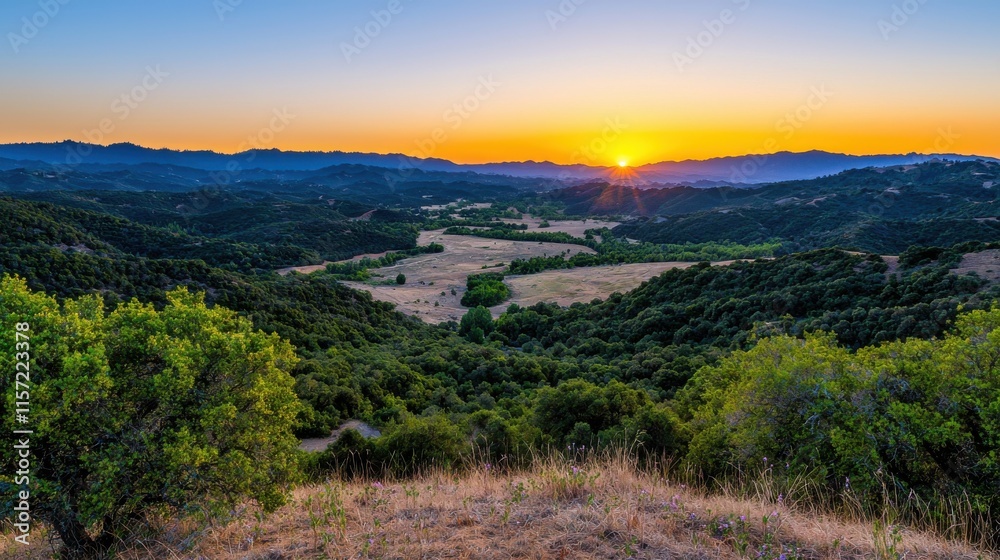 Breathtaking Sunset Over Lush Countryside Landscape with Rolling Hills and Forests Breathtaking Sunset Over Lush Countryside Landscape with Rolling Hills and Forests