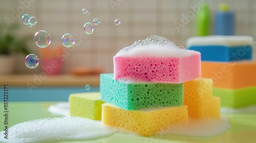 A cheerful arrangement of colorful dishwashing sponges with soap bubbles on a bright kitchen counter. photo