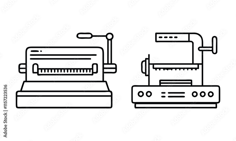 Office Equipment Line Art Icon Set, Vector illustration of two office equipment icons in minimal line art style, featuring a typewriter and a document scanner design.
Office Equipment Line Art Icon Set, Vector illustration of two office equipment icons in minimal line art style, featuring a typewriter and a document scanner design.