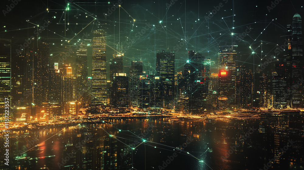 custom made wallpaper toronto digitalSmart digital Innovation city with connection network reciprocity over the cityscape. of future smart wireless digital city and social media networking systems that connects people with in city