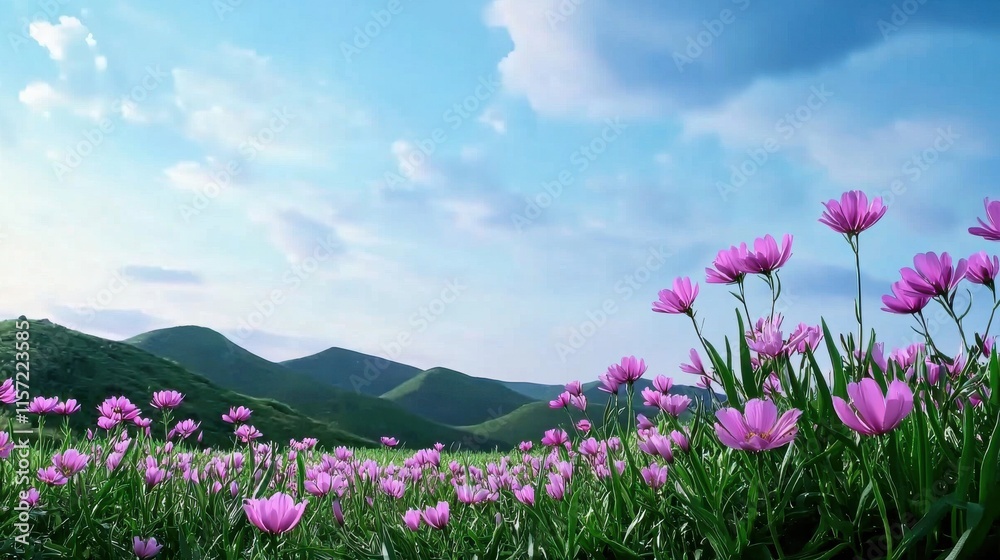 Breathtaking Purple Flower Meadow with Mountain Landscape on Bright Sunny Day Breathtaking Purple Flower Meadow with Mountain Landscape on Bright Sunny Day