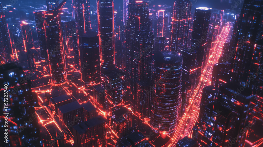 Fototapeta premium Smart digital Innovation city with connection network reciprocity over the cityscape. of future smart wireless digital city and social media networking systems that connects people with in city