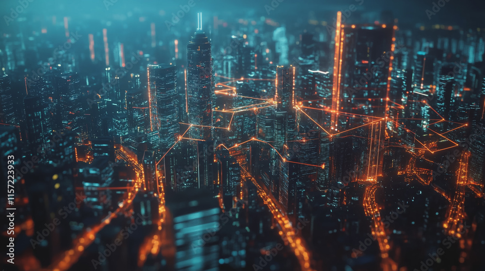 Fototapeta premium Smart digital Innovation city with connection network reciprocity over the cityscape. of future smart wireless digital city and social media networking systems that connects people with in city