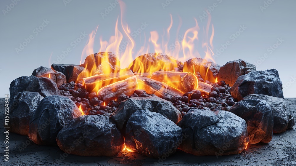A campfire is lit against a white backdrop, Generative Ai.
