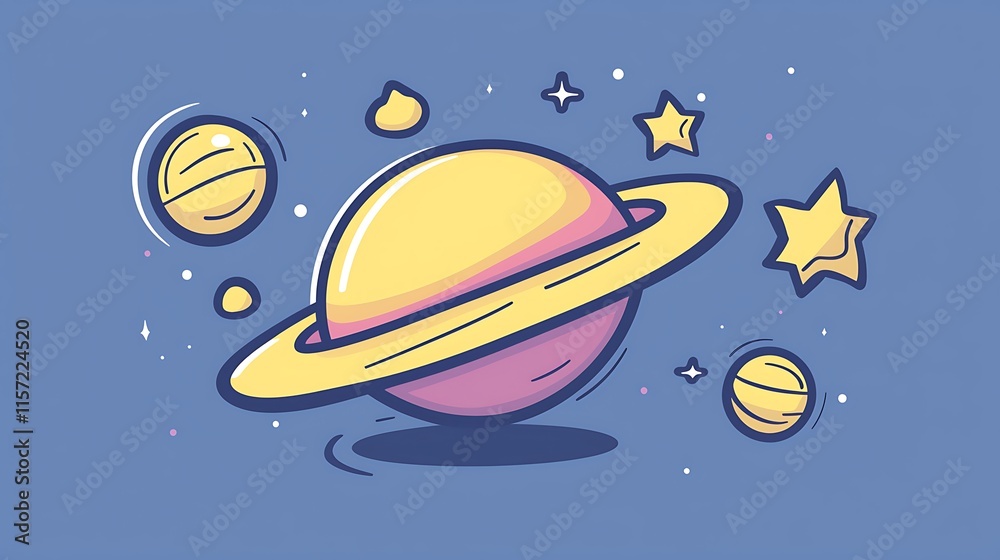 Naklejka premium Cute cartoon planet with rings and stars.