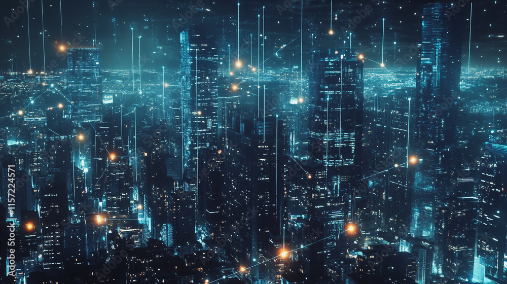 Smart digital Innovation city with connection network reciprocity over the cityscape. of future smart wireless digital city and social media networking systems that connects people with in city