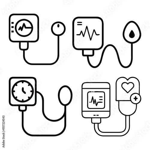 Medical Diagnostic Devices Icon Set, Vector set of four medical device icons in clean line art, including heartbeat monitors, blood pressure gauges, and diagnostic tools.
