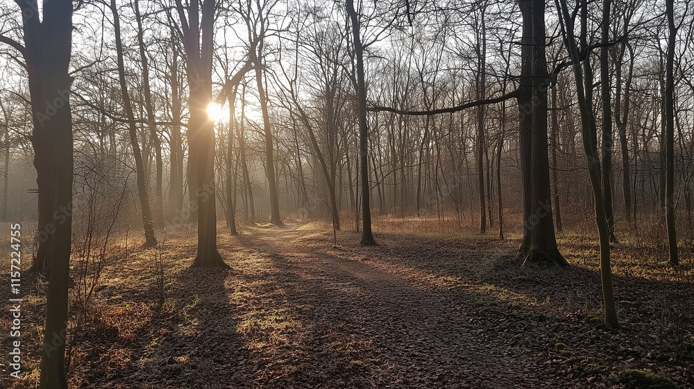 Serene forest scene with sunlight streaming through lush green trees, creating a tranquil and natural atmosphere in an elongated panoramic view. Serene forest scene with sunlight streaming through lush green trees, creating a tranquil and natural atmosphere in an elongated panoramic view.