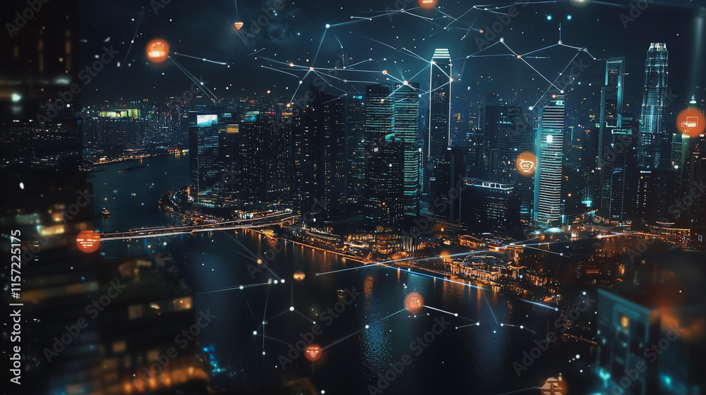 Obraz premium Smart digital Innovation city with connection network reciprocity over the cityscape. of future smart wireless digital city and social media networking systems that connects people with in city