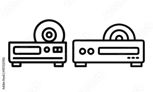 DVD Player Line Icons with Discs, Vector illustration of two minimal DVD player icons with discs inserted, designed in a clean and modern line art style.
