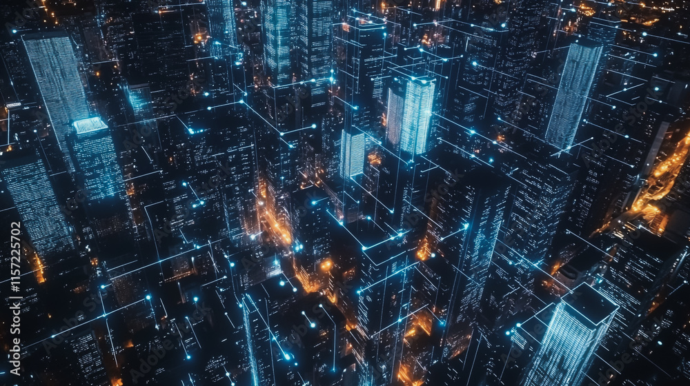 Smart digital Innovation city with connection network reciprocity over the cityscape. of future smart wireless digital city and social media networking systems that connects people with in city Smart digital Innovation city with connection network reciprocity over the cityscape. of future smart wireless digital city and social media networking systems that connects people with in city