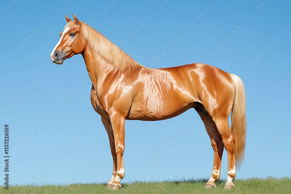 A sleek Arabian horse standing proudly in a sandy arena, with its elegant posture highlighted under a clear blue sky A sleek Arabian horse standing proudly in a sandy arena, with its elegant posture highlighted under a clear blue sky