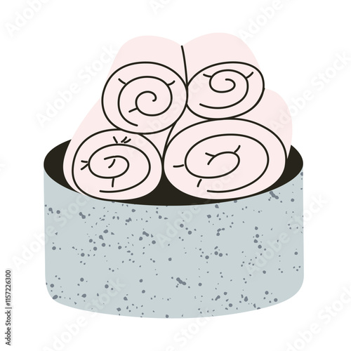 Vector illustration of fabric laundry basket filled with folded clean towels. Flat cartoon style, pastel colors, perfect for home, bathroom, hygiene, and household themes, isolated colored clipart