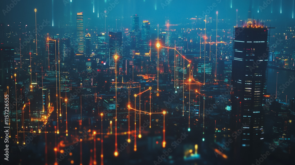 Fototapeta premium Smart digital Innovation city with connection network reciprocity over the cityscape. of future smart wireless digital city and social media networking systems that connects people with in city